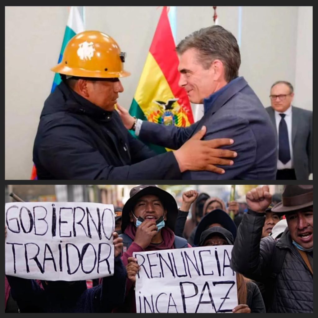 Mario Arguello, principal dirigente de la COB con el presidente de Bolivia, Rodrigo Paz